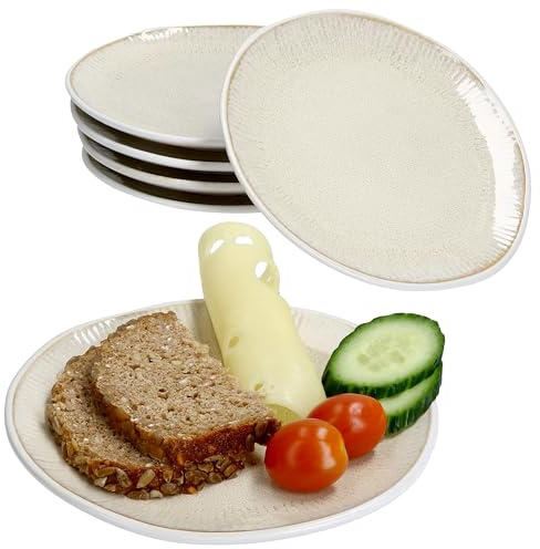 MamboCat TZIA 6er Set Brotteller I Ø 16,5 cm I kleine Teller für Frühstück, Mittag & Abendessen aus Steingut I Vanille & Weiß I Teller für Brot, Beilagen, Gemüse