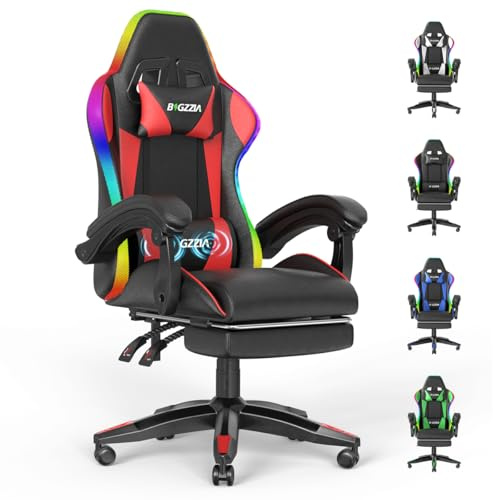 bigzzia Silla Gaming, Silla Ergonómica con LED para Videojuegos, Silla Gaming con Almohada Lumbar de Masaje y Reposacabezas, Altura Ajustable para Gaming, Estudio y Oficina (Rojo)