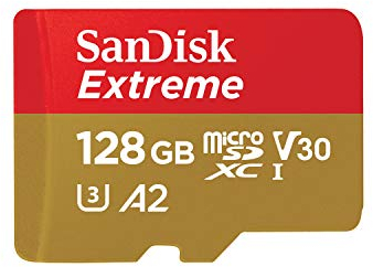 SanDisk Extreme 128 GB microSDXC Memory Card + SD Adapter with A2 App Performance + Rescue Pro Deluxe, Up to 160 MB/s, Class 10, UHS-I, U3, V30 , Red/Gold