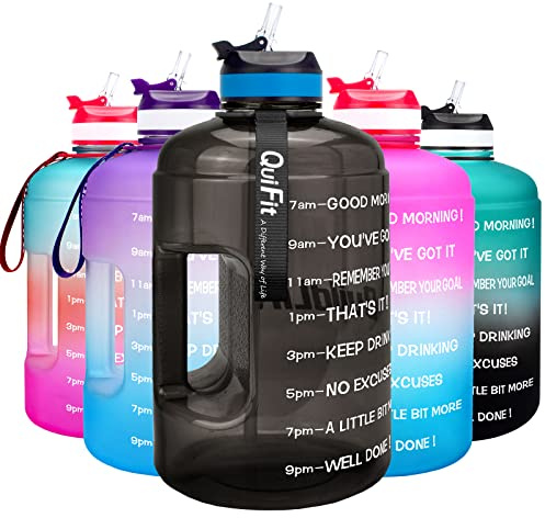 QuiFit Motivational Gallon Water Bottle - with Straw & Time Marker BPA Free Large Reusable Sport Water Jug with Handle for Fitness Outdoor Enthusiasts Leak-Proof(Black,1 gallon)