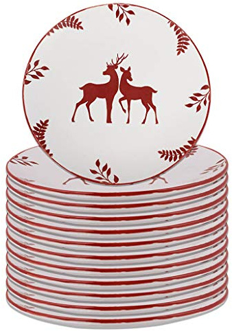 Christmas Dinner Plate Set of 12 Reindeer Stag Print Festive Tableware Stoneware Dinner Plates White Dinner Set