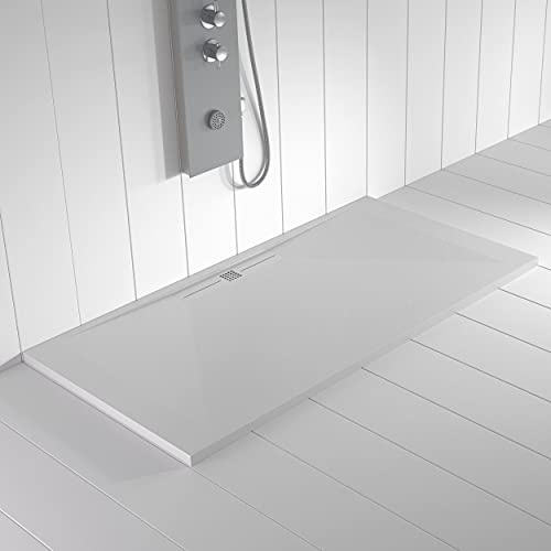 Plato de ducha Resina WIDE Blanco RAL 9003 (rejilla en color) - 90x200 – Textura Pizarra – Antideslizante – Incluye rejilla y sifón