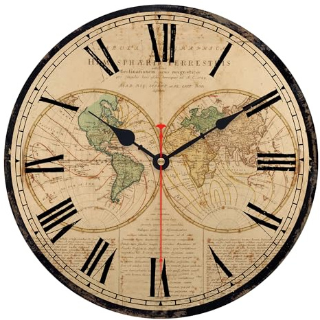 TAHEAT Weltkarte Wanduhr, Groß Klassisch Holzuhren, Leise Nicht tickend Einfach zu lesen für zu Hause/Büro/Schule, 34 cm