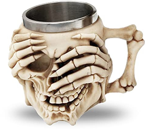 BAYINBROOK Acier Inoxydable Tête de Mort Mug,Tasse de Bière de Médiévale,3D Tasse de Café en Résine,pour Boisson,Café,Bière,Décor D'Halloween,Cadeau,400ML,(Cover Eyes)