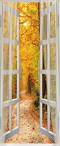 A.Monamour Türtapete Selbstklebend Türfolie Türposter 3D Orange Herbstliche Wald Landschaft Durch Offenes Fenster Vinyl Folie Türdeko Tapete Wandbild Türaufkleber Türtattoo 77 x 200 cm