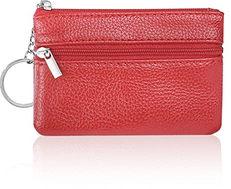 Aucuu Coin Purse Leather Zipper Wallet Card Holder Key Case Women Mini Wallet, with 2 Compartments & Keychain, Small & Lightweight, Easy to Carry, 12 * 8 CM (Red)