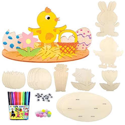 JOKILY 22 Stück Hasen aus Holz zum Bemalen, Ostern Basteln Holz, DIY Osterhase Deko, Osterhase Kinder Bastelsets mit Bunte Mini Pompons und Kulleraugen, Bastelzubehör Dekorationen