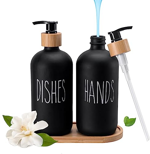 Elegante set di dispenser di sapone in vetro con vassoio - Decorazione nera e bianca per bagno e cucina - Capacità di 500 ml (nero)