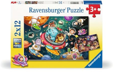 Ravensburger Puzzle Tiere im Weltall - 2x12 Teile Puzzle ab 3 Jahre | 2x12 Teile Puzzle, Kinderpuzzle ab 3 Jahre, Ravensburger Qualität