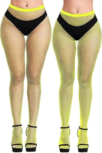 YOGINGO Fishnet Tights for Women, Sexy Fishnet Stockings, High Waist Pantyhose, Black Tihgts Women, Ladies Fish Net Tights Plus Size One Size Fit All（yellow）