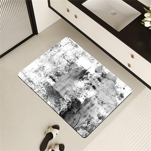 Badezimmerteppich, Badematte Stein, Teppich Läufer, Stone Bath Mat, Badteppich Rutschfest Waschbar, Absorbierende Badematte, Duschmatte, Badvorleger, Duschvorleger, Carpet Black And White-120x180cm