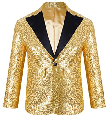 ranrann Giacca da Battesimo Bambino Ragazzo Blazer Elegante con Paillettes Cappotto in Paillettes Formale Costume da Cerimonia Comunione Festa Partito Suit Top Formale Oro 7-8 Anni