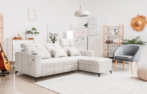 All4All Ecksofa Inez, Sofas mit bettfunktion, Schlafsofa mit bettkasten,Möbel, Couch mit USB,Modern Sofaeck, Eckcouch,L-Form, Polstersofa, Verstellbarer Kopfteile, Sitzecke 26 (Wave 1, Rechts)