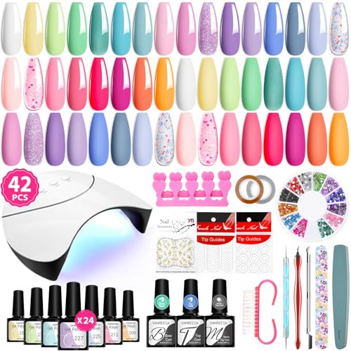 VANREESA 42 PCS Gel Nail Polish Set with U V Lamp 24 Colours Gel Nail Kit Pink Blue Purple Spring Colours U V Nail Polish Set with Base and Top Coat Salon Manicure Accessory Tools Gifts for Women