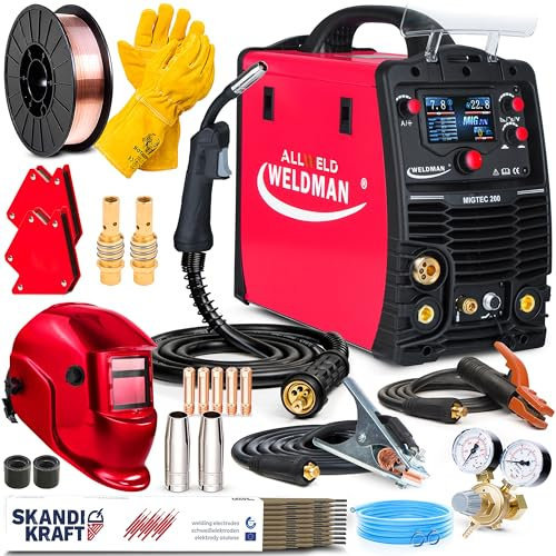Weldman MIGTEC 200 - Soldador Inverter Profesional con Gas 200A - Sinergia - Soldadura: MIG/MAG, MMA, TIG DC, FLUX - Regulación de Inductividad - Modo 2T/4T - Set Premium