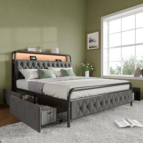 Dolamaní Metallbett 180x200 cm Schwarz und Grau mit Lattenrost, Bett mit 4 Schubladen, Doppelbett mit Stauraum, Polsterbett Samt Ohne Matratze, Schlafzimmer Erwachsene Betten