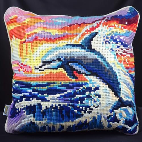 RKFLGEW Knüpfhaken-Set，Delfin-Tier，Diy-Knüpfhaken-Kissen，Dekokissen，Matte，Stick-Bastel-Set Für Anfänger Mit Aufgedrucktem Muster，Heimdekoration 43x43cm