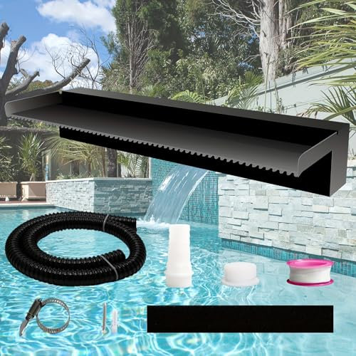 Weejian Pool Waterfall Spillway for Garden Ponds, Stainless Steel Water Flow Decor Pond Fountain Kit for Indoor/Outdoor Decorative, 60x20x10cm Black Water Feature for Patio, Backyard (No LED Light)