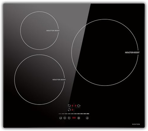 Noxton Domino Piano Cottura a Induzione 3 Fuochi, Piastra Elettrica 60cm di Controllo Scorrimento e Tattile, 6800W Piastra a Induzione con 1-99 Timer Controll, Power Booster, Spegnimento automatico