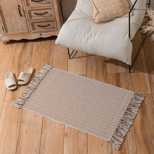 JaeMoose Boho Teppich Küchenläufer, Boho Badezimmer Teppich waschbar, Baumwoll-Überwurfteppich, gewebt, geometrisch (Kaffeefarbe, 60 x 130 cm)