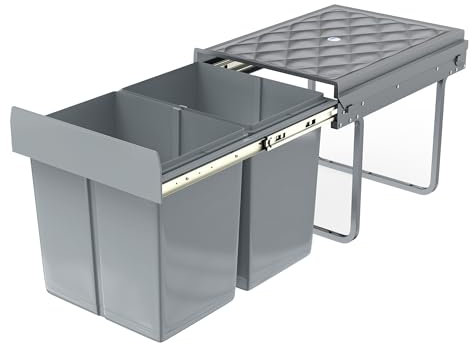 NAIZY Système de tri sélectif extensible - Poubelle de cuisine à 2 compartiments - Meuble bas avec rails télescopiques et couvercle - Poubelle pour l'élimination des déchets (2 x 15 l)