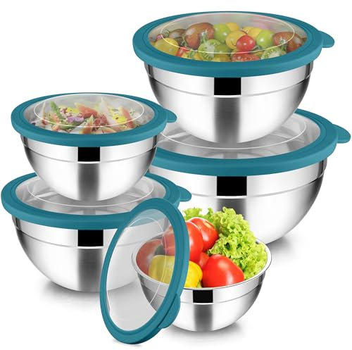 Joyfair Juego de 5 cuencos de acero inoxidable con tapa hermética transparente, 4,5 L, 2,7 L, 1,5 L, 1,2 L, 0,7 L, apilable, ensaladera para servir, cocinar, hornear, apto para lavavajillas, color