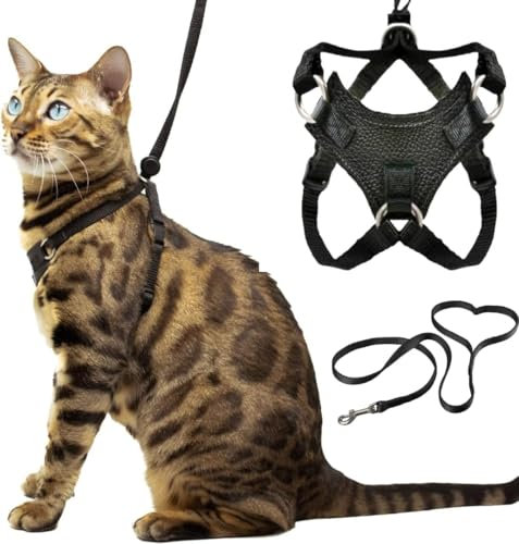 EATAN Reines Leder Anti Escape Katzengeschirr und Traktionsriemen, geeignet für gehnde glockenförmige Katzen Medium Cat