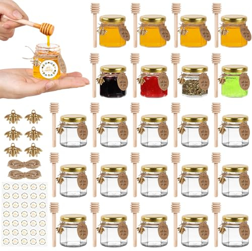 TOEKSIX 45ml/1.5oz Glass Jam Jar with Gold Lids 24Pack, Hexagonal Glass Jars Canning Storage Jars for Baby Food,Nuts,Spices or Handmade desserts
