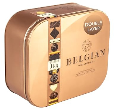 Double Layer Extra-Large 1kg | Premium Belgian Chocolate Coated Biscuit Collection in Large Presentation Tin | Milk, White & Dark Coated Biscuits with Wafers & Tuile Curls