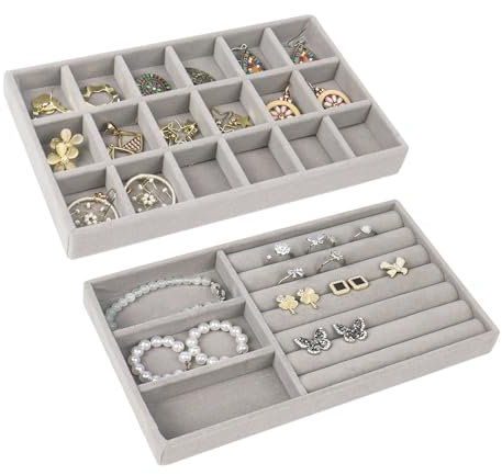 Nwvuop 2 Stück Samt Schmucktablett Schmuckaufbewahrung für Schubladen, Ohrring Organizer Schmuckeinsatz für Schubladen 21× 12,3× 2,5 cm(Grau)