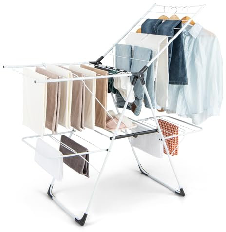HOMASIS Wäscheständer klappbar, Standtrockner mit 2 Flügeln, verstellbar Wäschetrockner mit 6 Ebenen, Trockenständer mit Wäschestange & Sockenklammern & Schuhablage, Trockengestell Balkon (Weiß)