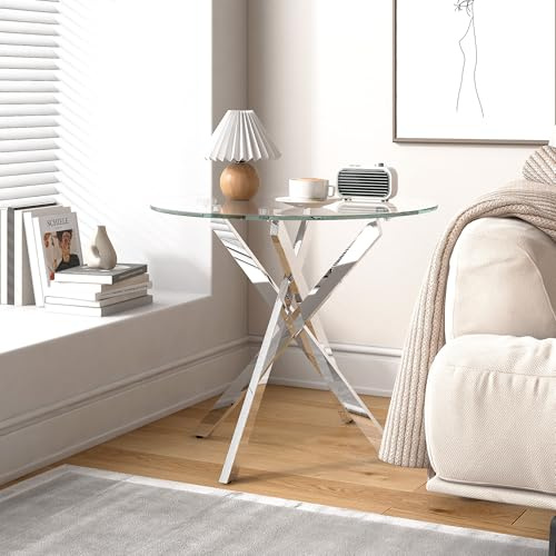 GOLDFAN Glass End Table with Chrome Legs for Living Room 19.7” Round Side Table for Couch Modern Contemporary Nightstand for Bedroom