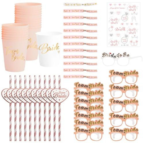 Angenster Hen Party Accessories,Team Bride Plastic Cups Straws Tattoo Stickers Gold Silk Screen Wristbands Bachelorette Bridesmaids Glasses,Hen Party Table Decorations