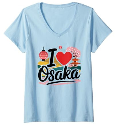 Mujer I Love Osaka Japón Sakura Templo de flor de cerezo japonés Camiseta Cuello V