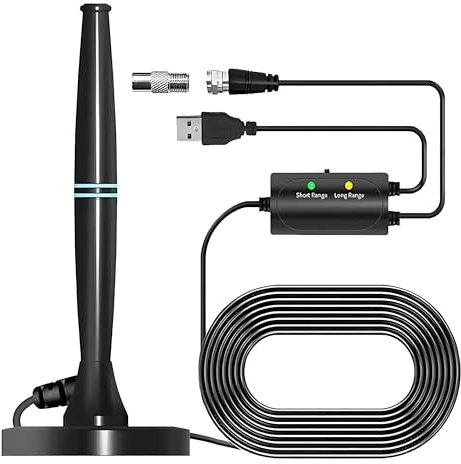 Antenne TV Intérieur Puissante, Antenne TV Intérieur Puissante Amplifiée avec Base Magnétique, CâBle Coaxial de 5m, Longue Distance 400km, pour 1080P 4K Chaînes Télévision Gratuites