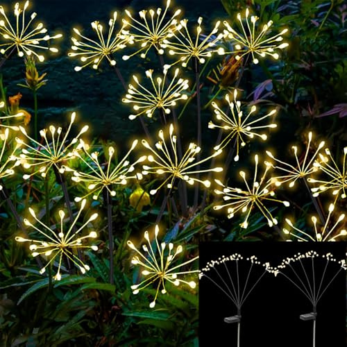 Joysing Solcellslampor för utomhusbruk 2 stycken 160 LED-trädgårdslampor solar, 8 lägen glödmaskor, solcellslampor, fyrverkerier, LED maskros för terrass, gräsmatta, trädgård, dekoration