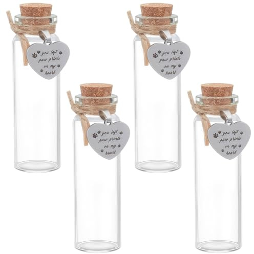 WEBEEDY 4 Pièces Bouteilles Commémoratives pour Poils Animaux de Compagnie,Flacon en Verre avec Bouchons pour Cendres ou Poils,Mini Bouteille Transparente avec Pendentif en Cœur,Cadeau de Sympathie
