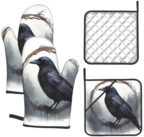 4PCS Oven Mitts and Pot Holders Set, Black Crow Heat Resistant Oven Gloves Waterproof Cooking Gloves Hot Pads with Hanging Loop for Kitchen BBQ Outdoor Grilling