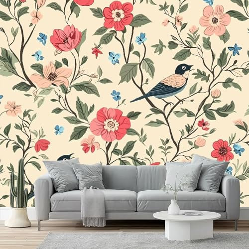 Carta da parati Fiori e uccelli retrò, fiori e uccelli colorati Murale alla moda Decorazione da Muro 200 x 140 cm MuraleModerne Decorazione Soggiorno Camera De Letto Sala Ufficio Colore Beige