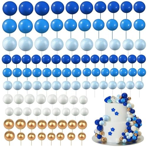 Ball Cake Topper Decorations, 108 PCS Round Ball Cake Toppers, Baking Cake Decorations for DIY Wedding Party Birthday Decorating(Blue, White, Gold)