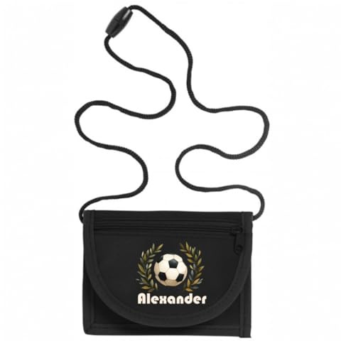 minimutz Geldbörse Kinder personalisiert, Kindergeldbeutel mit Name, Brustbeutel Fußball Jungen (schwarz)