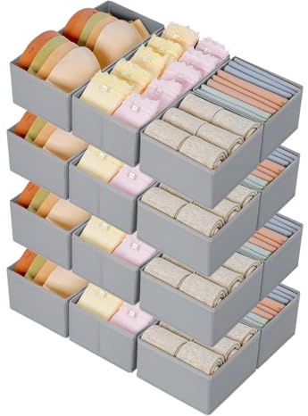 DIMJ Organizer per Cassetti Organizer per Armadio, Divisori per Cassetti Separatori per Cassetti Organizzatore Cassetti per Calze, Biancheria Intima, 16 Pezzi, Grigio Chiaro