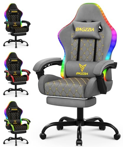 bigzzia Sedia Gaming con LED RGB, Sedia da Gaming Ergonomica con Supporto Lombare e Poggiapiedi, Sedie da Gioco Regolabile e Girevole con Una Capacità di Carico di 150 kg(Grigio)