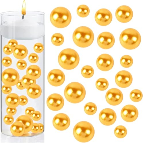 Perlmutt Perlen,160 Stücke Kunstperlen Schwimmende Perlen Vasenfüller Glänzende Ohne Loch Gemischte Größen Kunststoffperlen für DIY-Schmuck Schwimmende 10/14/18mm (Golden)