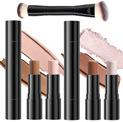 2 Stück Contouring Stick, Enthält 4 Highlighter und 1 Make up Pinsel, Doppelseitiger Konturenstift, Langanhaltend Wasserdicht, Geeignet für Wangen und Augen