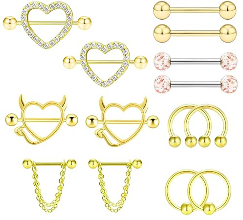 KSJEHW 14 Piezas Piercing Capezzoli per Donna Body Piercing Nipple Stainless Steel Nipple Barbell Set Carino Cuore Farfalle Lingua Ipoallergenico Gioielli Piercings (Oro)
