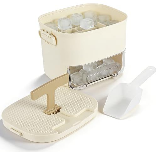 Ice Cube Tray with Lid & Bin, Double Layer 52 Ice Cubes Mould, Drawer Style BPA-Free Portable Press Ice Maker with Scoop, Easy Release Ice Mold Ice Cube Container for Freezer Drinks Cocktails Parties