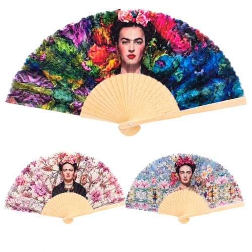 OTHERWISETRIVIAL Plastic / Wood and Polyester Folding Fan - 23 cm Closed - 42 cm Open - Plain or Patterned - Ideal for Weddings and Summer Events (Frida/Wood)