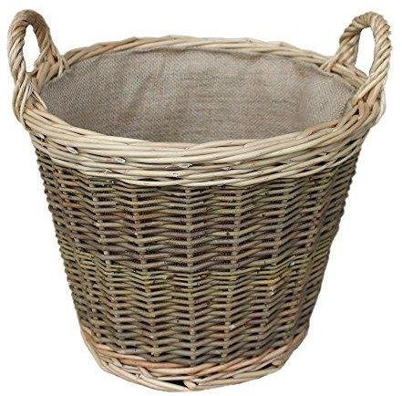 Medium Unpeeled Hessian Lined Wicker Willow Round Log Basket 42cm Diameter