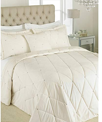 Riva Paoletti New Diamante Bedspread Set - Creme - Diamante Kristall Pailletten - Gesteppte Geometric Design - 2 X Kissen Shams Inklusive - 100% Polyester - 220 X 240 cm (87 X 94 Zoll)